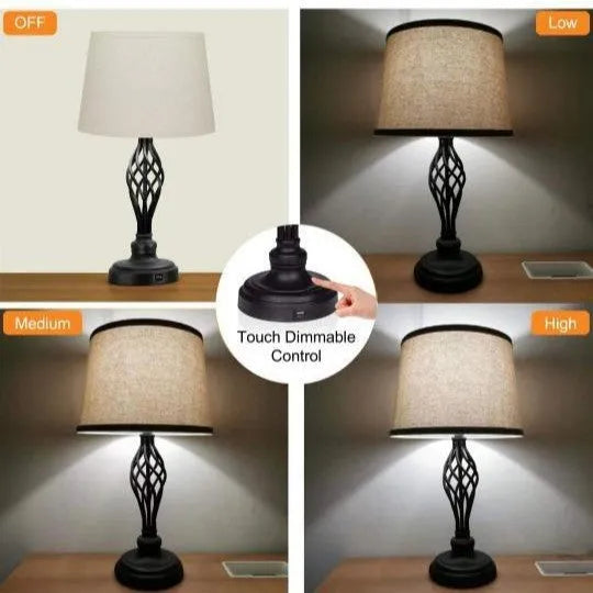 Silver alloy bedside table lamp with touch dimming control and USB charging port