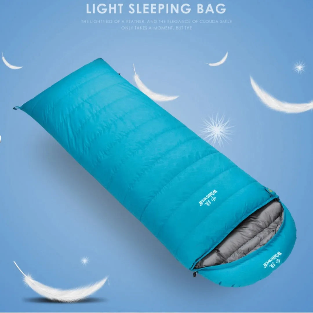 Black outdoor adult sleeping bag with envelope structure and white goose down filler.