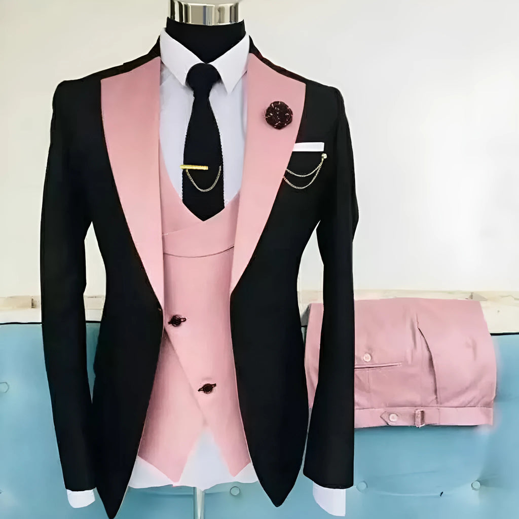 Men's slim fit three-piece business suit in black with vest coat and trousers for formal occasions