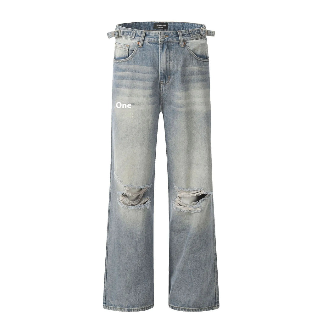 Men's blue straight leg jeans with ripped detailing on a cotton blend fabric.