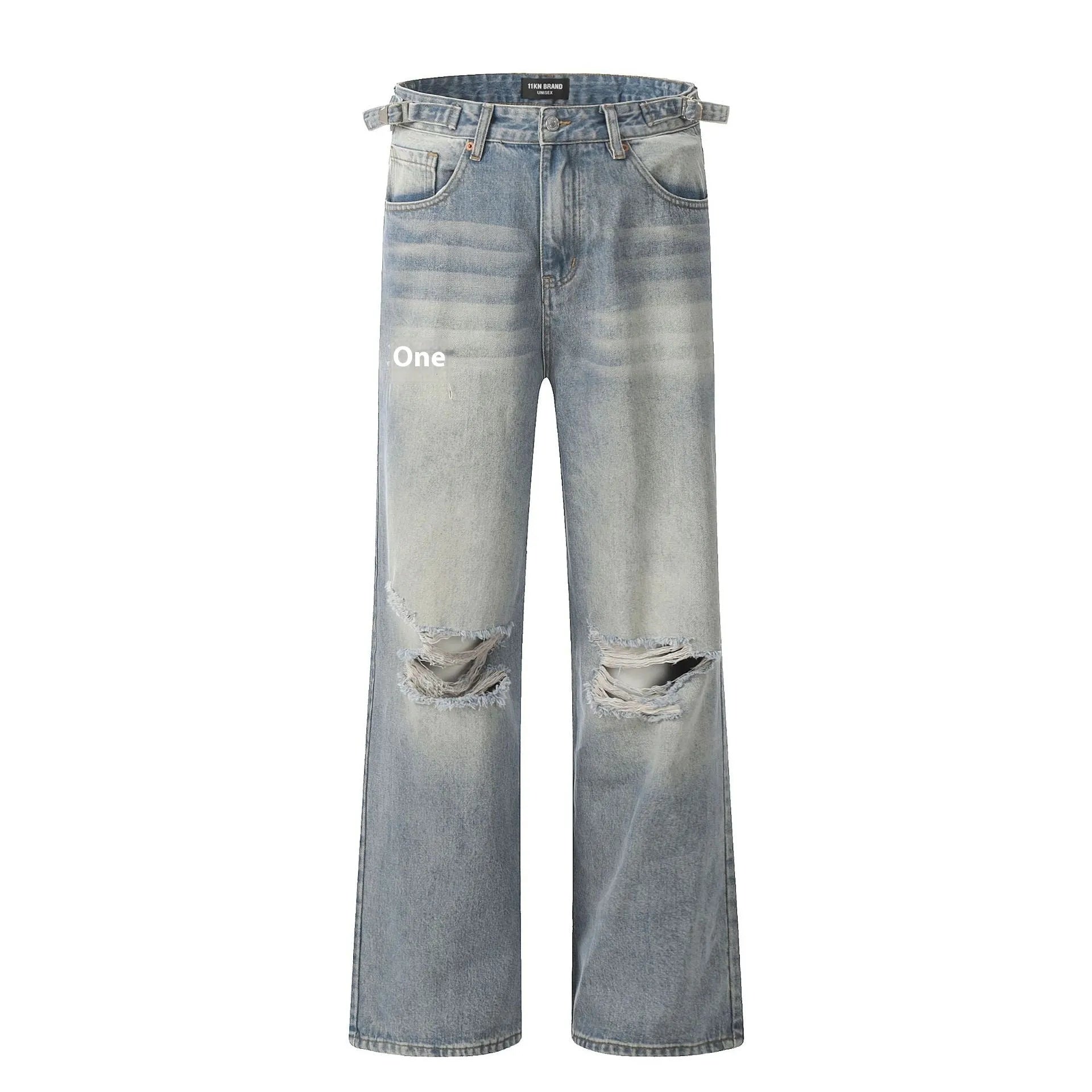 Men's blue straight leg jeans with ripped detailing on a cotton blend fabric.
