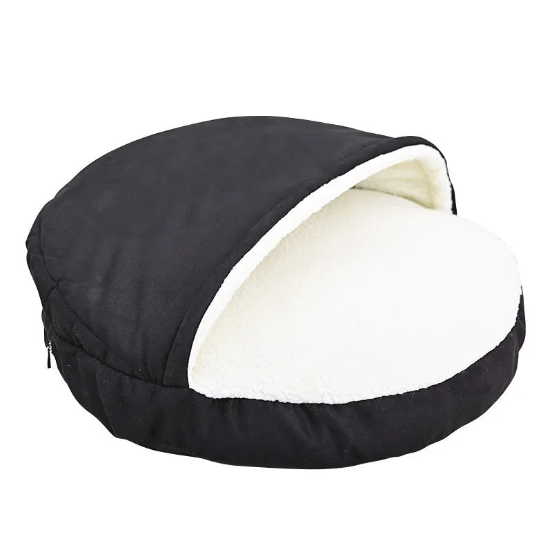 Removable washable cloth dog kennel in brown and grey colour options showing S and M size variations