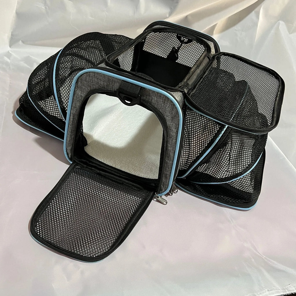 Portable cat carrier bag in 600D cation fabric, shown in large and small size options.