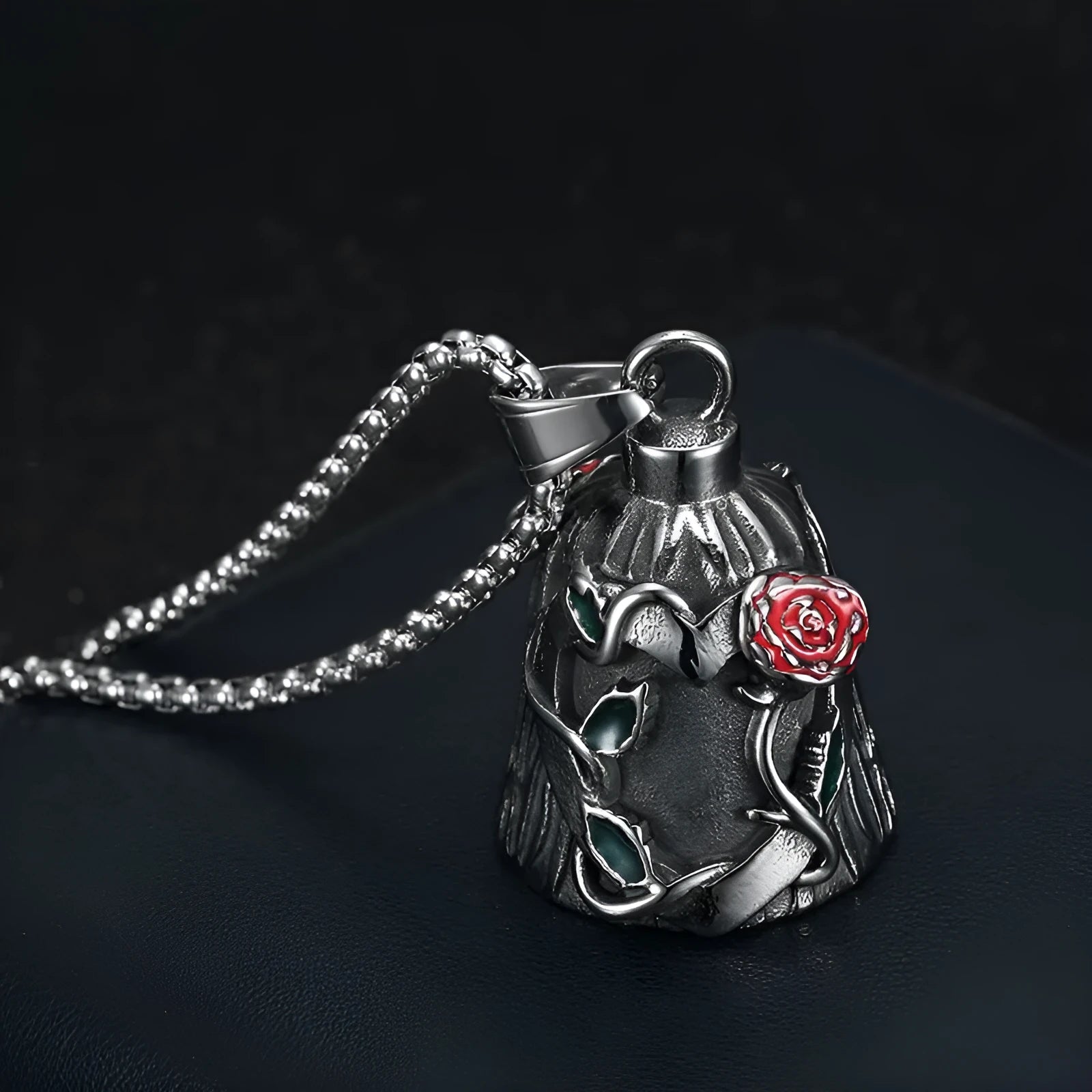 Titanium steel motorcycle lucky bell pendant with geometric shape and double-sided epoxy rose design