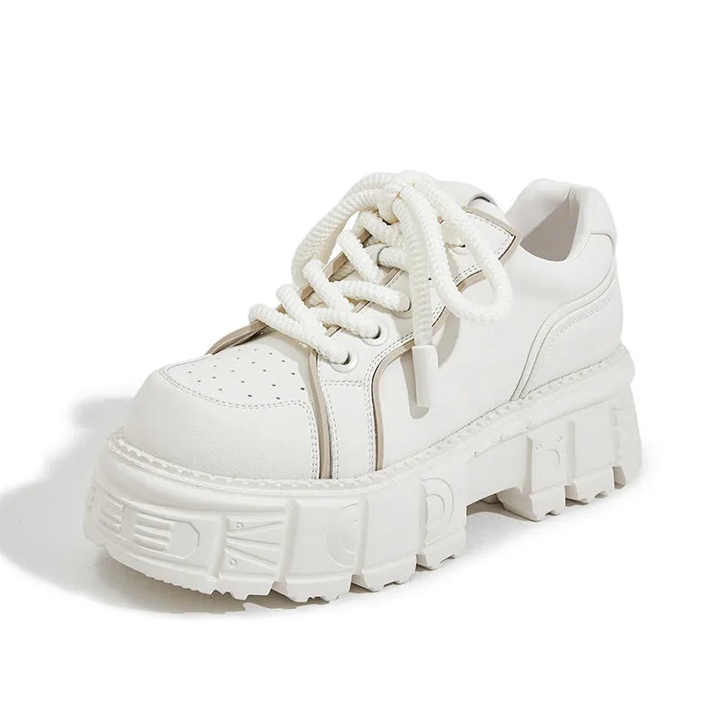 Women's beige leather casual shoes with spring muffin bottom height increase design