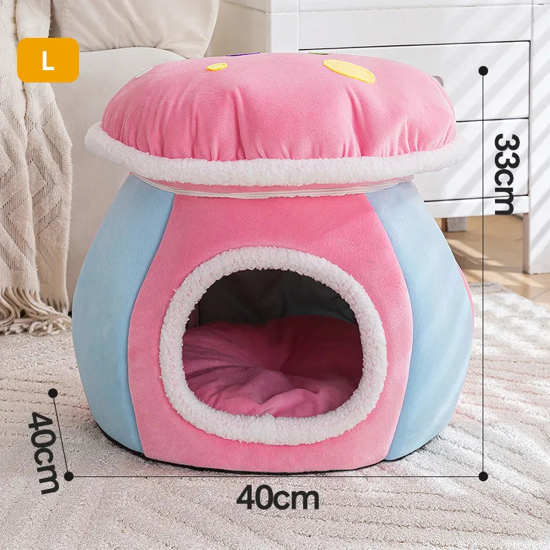 Mushroom-shaped plush cat bed in purple, pink, or grey colours