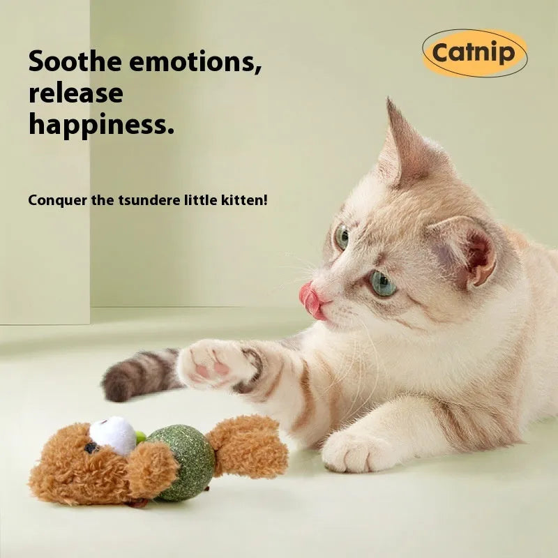 Small plush catnip toy shaped like an animal, featuring a bell, for cats to bite and play with.