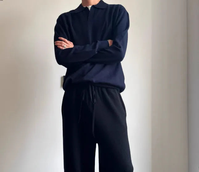 Pure wool polo sweater with a lapel collar in loose fit, shown in Navy Blue.