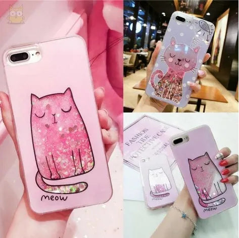 Four glittery cat design phone cases for iPhone models 6 to X on a table.