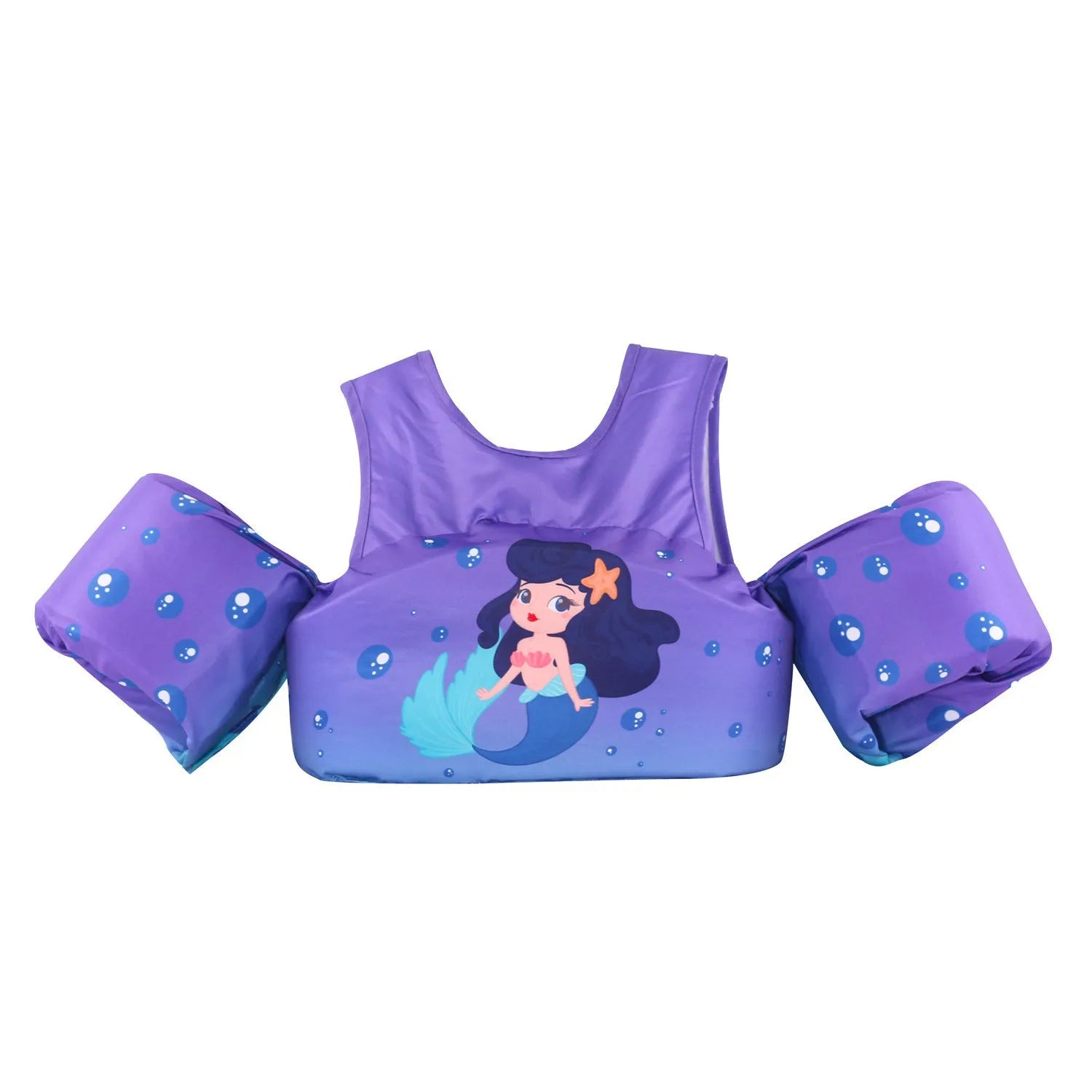 Colourful cartoon children's swimsuit with integrated arm swimming rings in a lobster design.