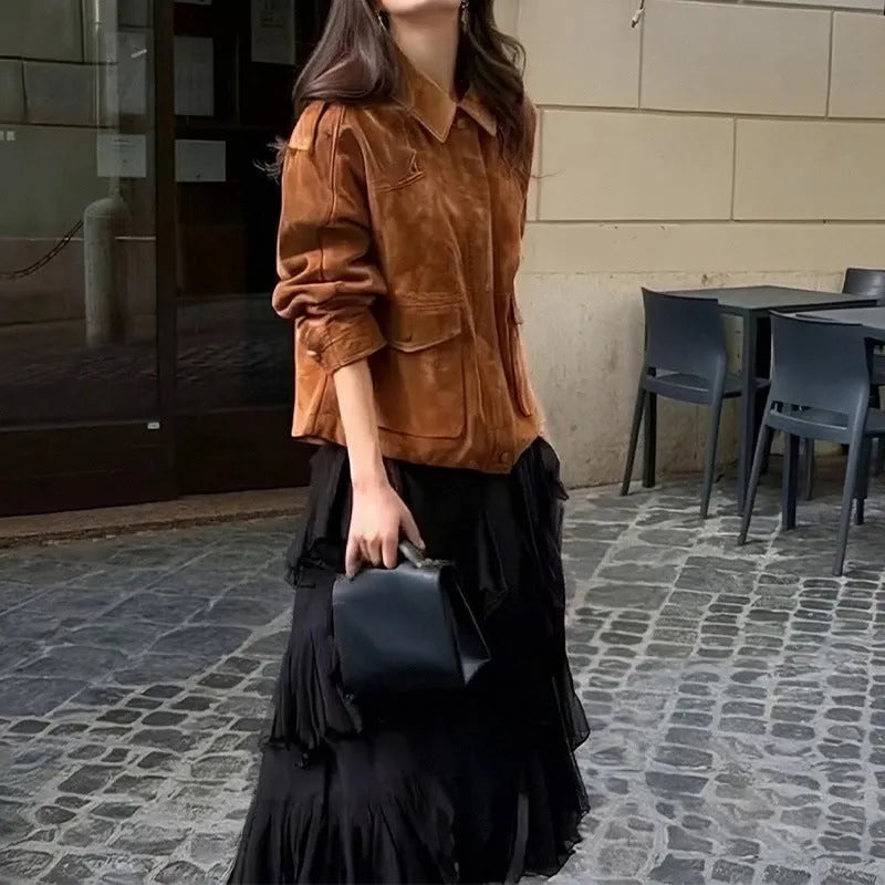 Women's bright brown suede-effect polyester coat with regular sleeves on hanger