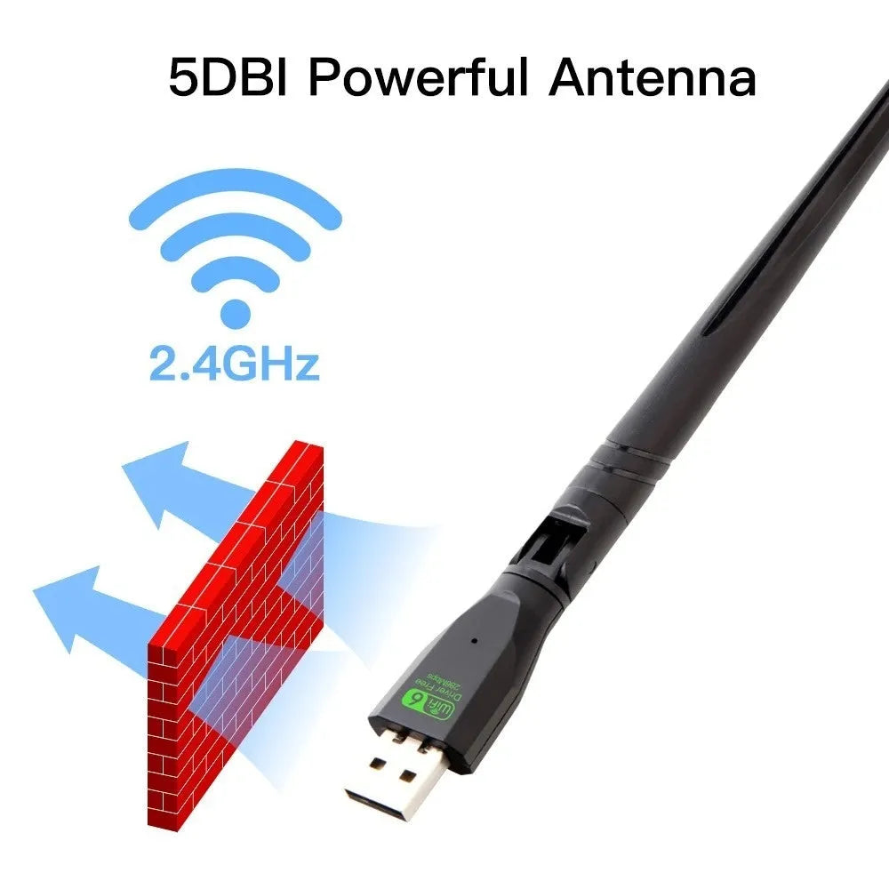 Black USB WiFi 6 wireless network card adapter for PC and laptop dual-band connectivity.