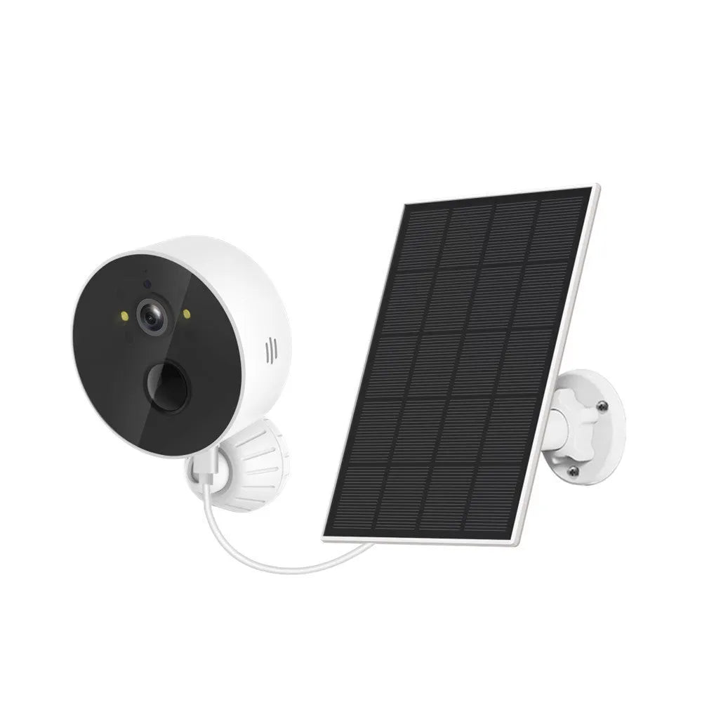 Solar-powered outdoor security camera with attached solar panel for wireless 1080p monitoring