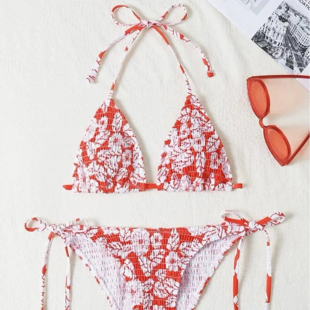Women's halter swimsuit with floral pattern in multiple colour options