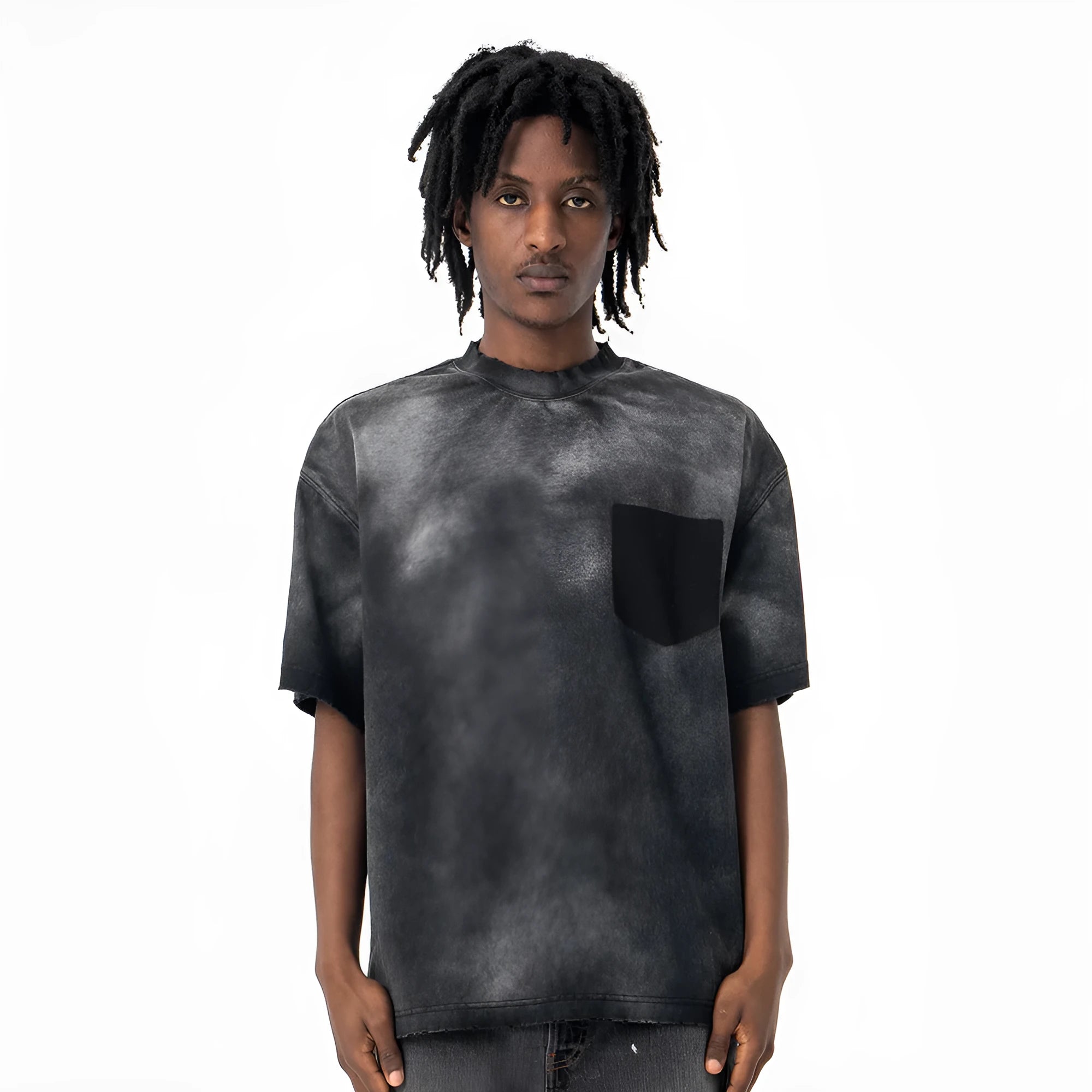 Black men's loose fit cotton t-shirt with printed letter pattern and drop-shoulder sleeves