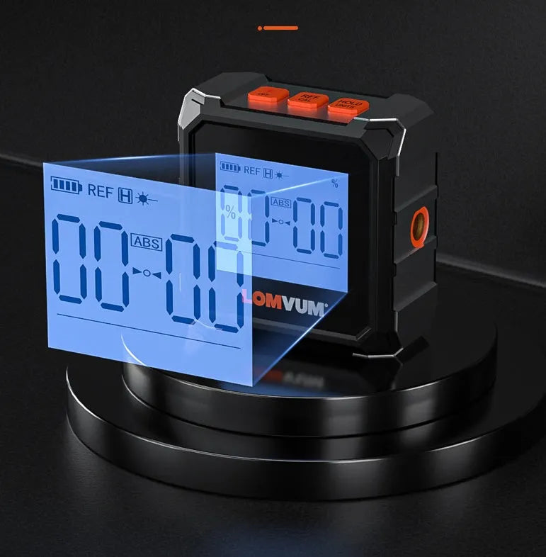 Digital laser infrared inclinometer with alloy casing and backlit display on a metal surface.