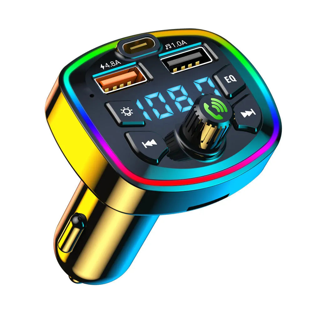Q7 Automotive MP3 Player Bluetooth FM Transmitter connected to car cigarette lighter socket, showing 1.1-inch display.