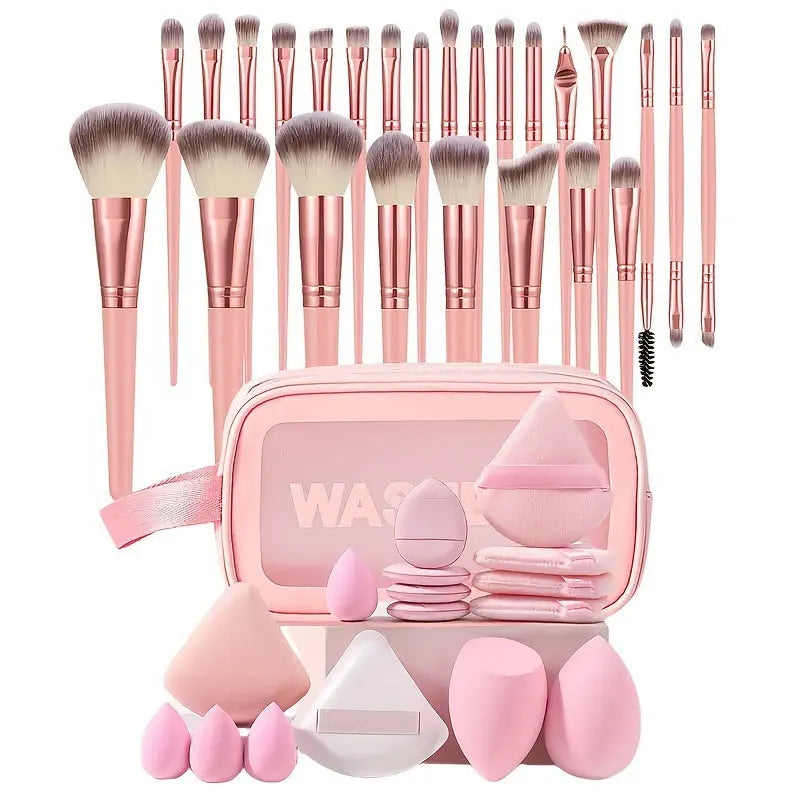 Professional makeup brush set with face wash tools in brown, pink, and purple colour options