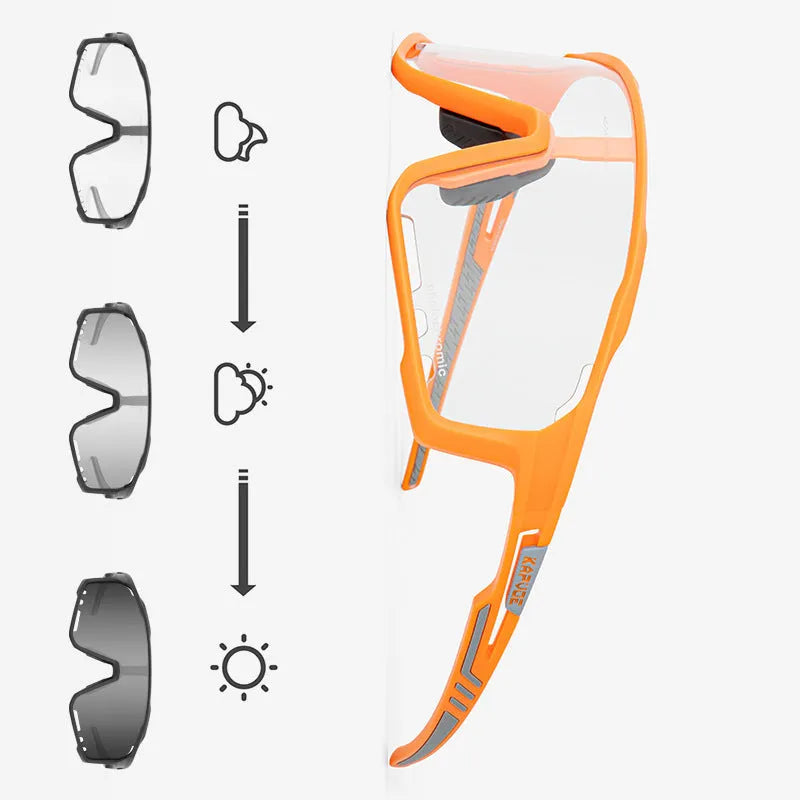 Photochromic sports sunglasses with semi-rimless TR90 frame for cycling.