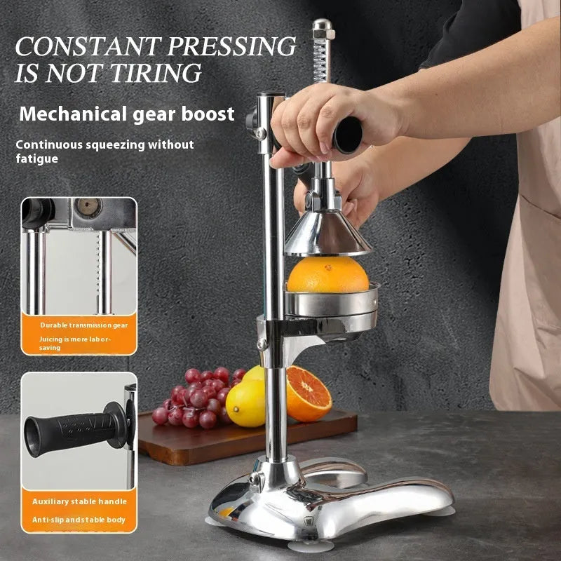 Vertical stainless steel manual juicer showing colour options and tip style variations