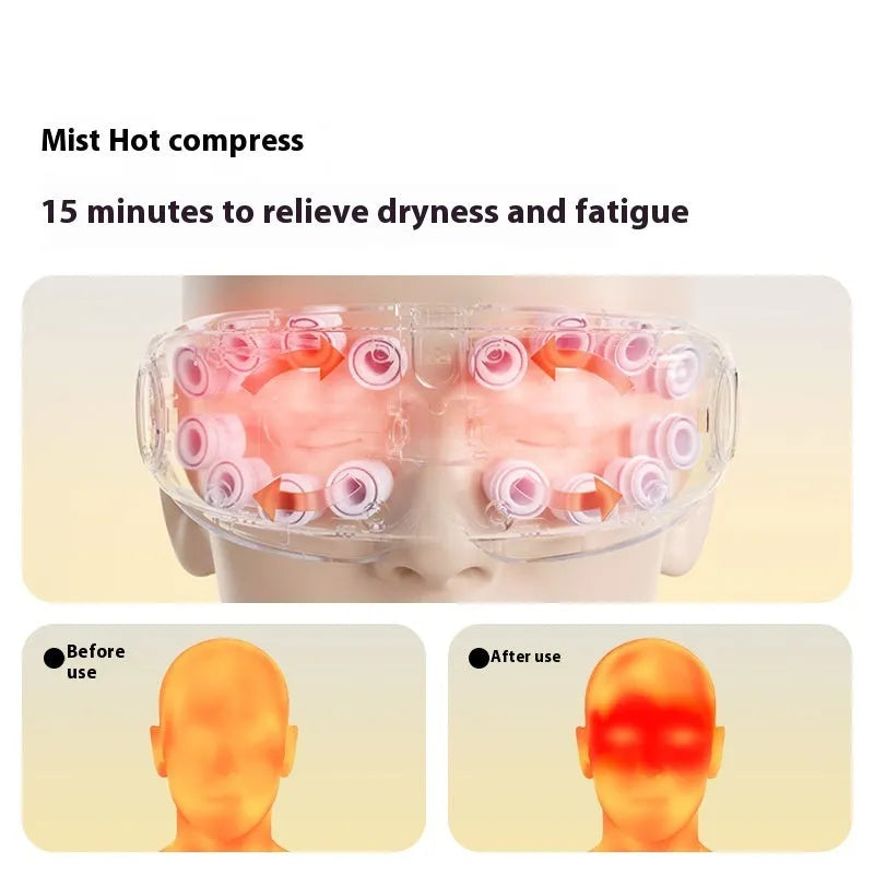 Bluetooth hot compress and steam moisturising eye massager in purplish grey, green, or ink grey colour.