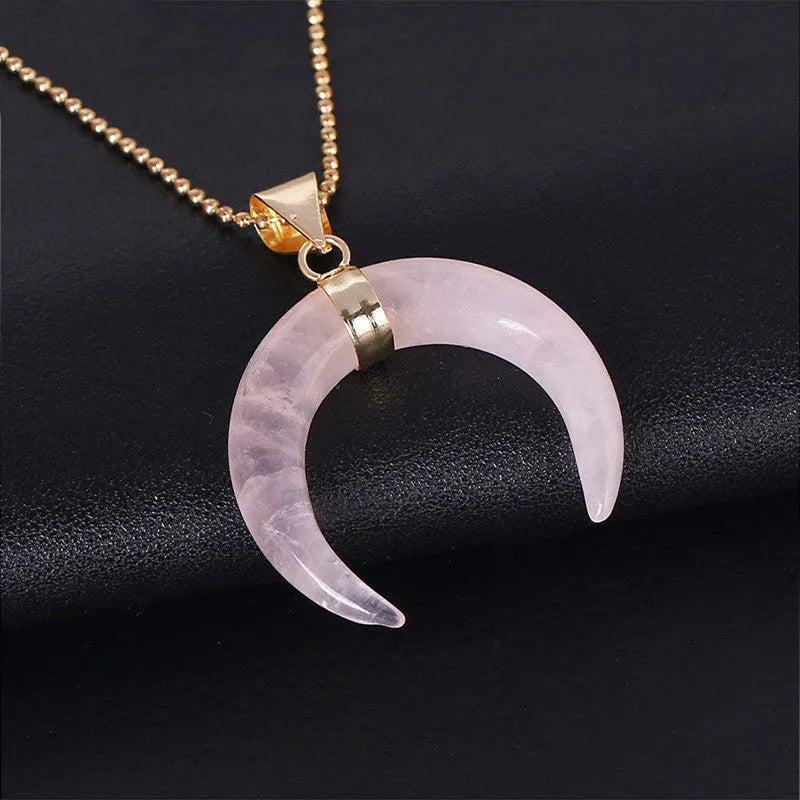 Natural stone crescent moon pendant necklace with 45cm chain and electroplated copper fittings