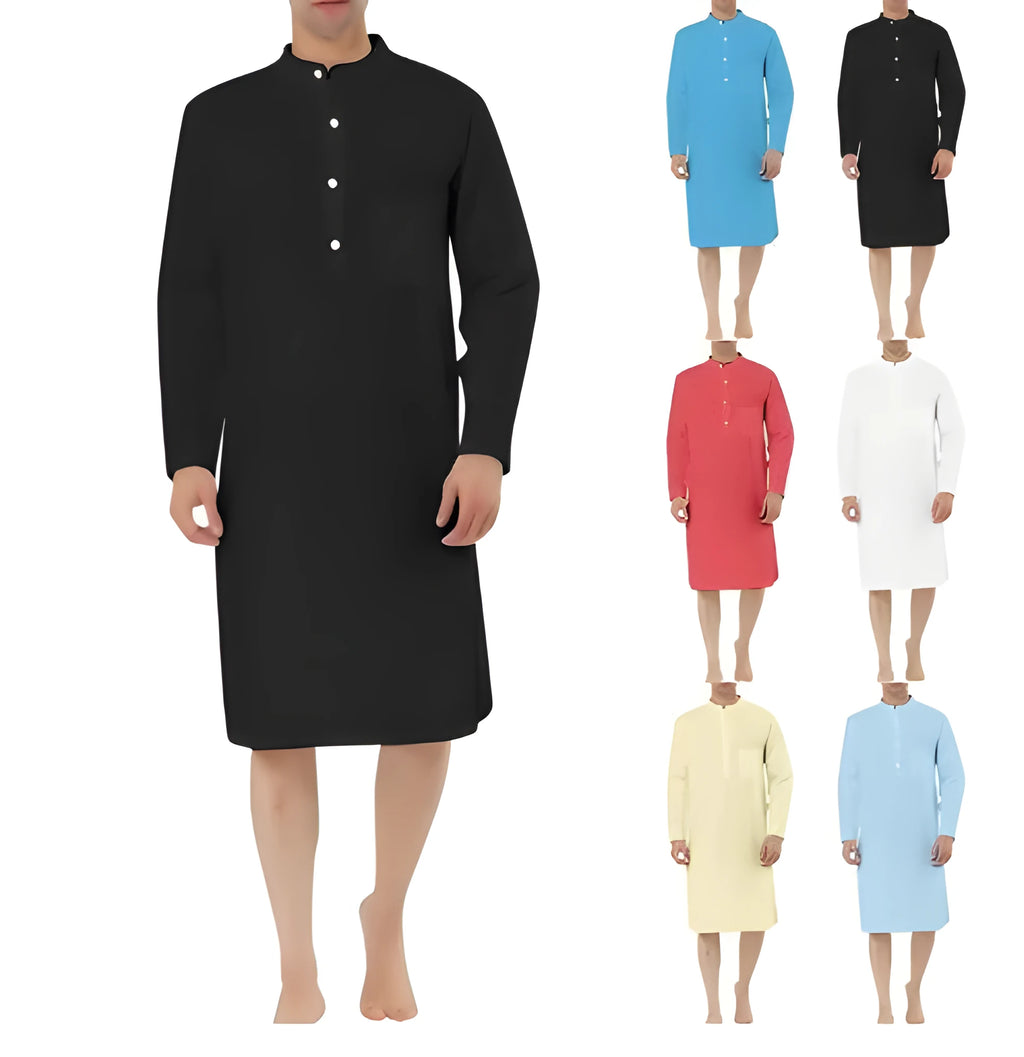Men's cotton shirt robe shown in multiple colour options including Lake Blue, Light Khaki, White, and Black.