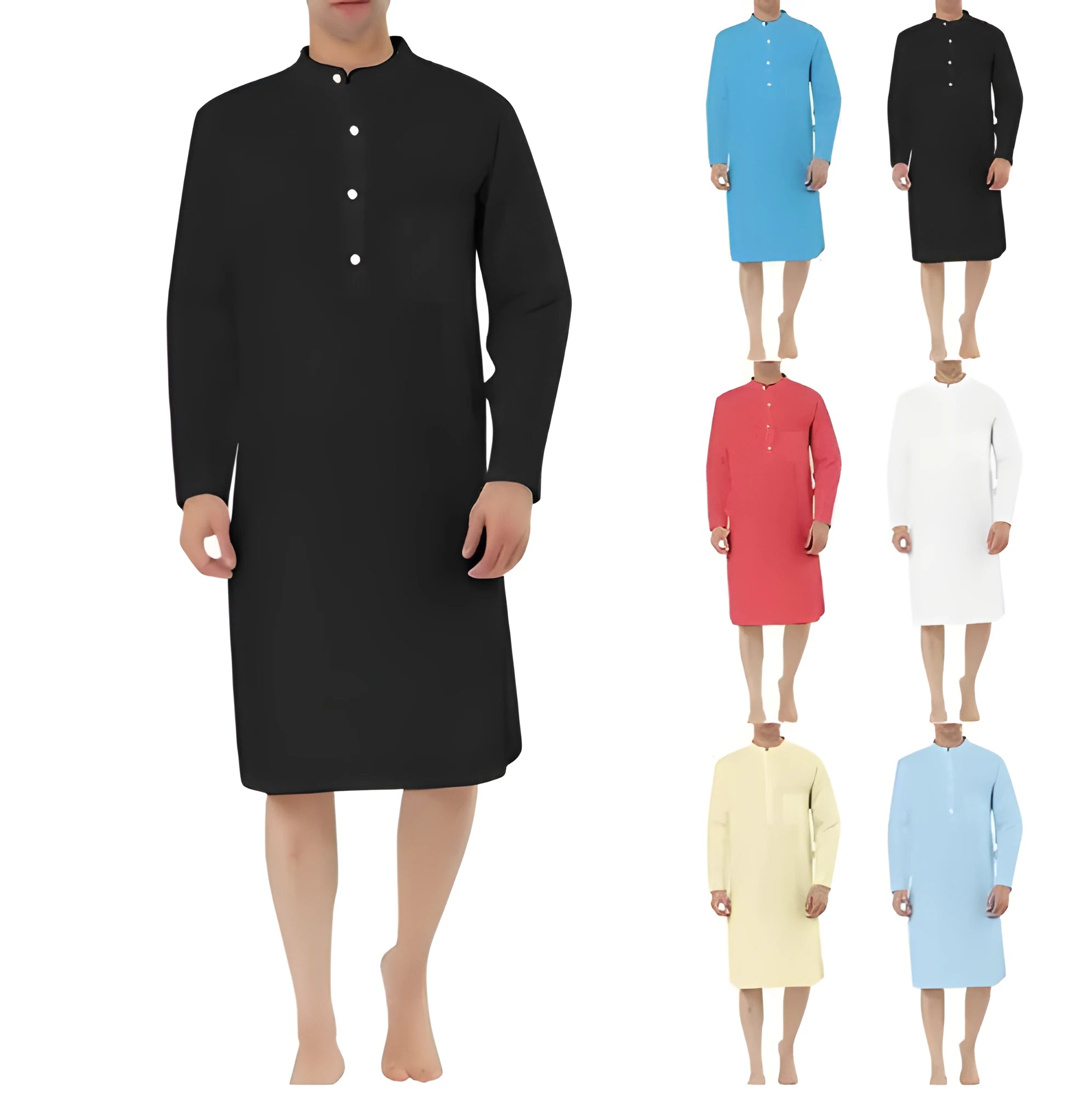 Men's cotton shirt robe shown in multiple colour options including Lake Blue, Light Khaki, White, and Black.