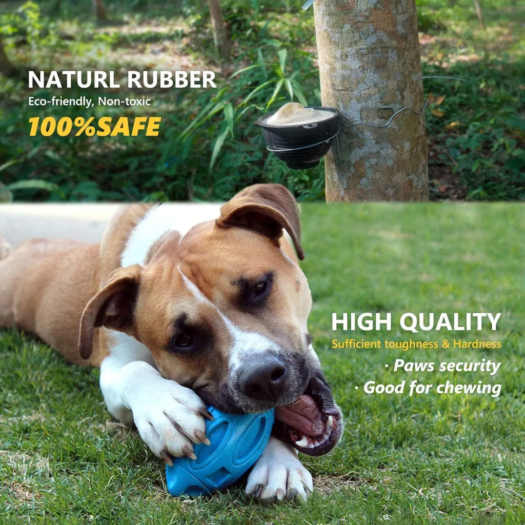 Blue green orange rubber squeaky chew ball dog toy with surface grooves for medium large breed aggressive chewers