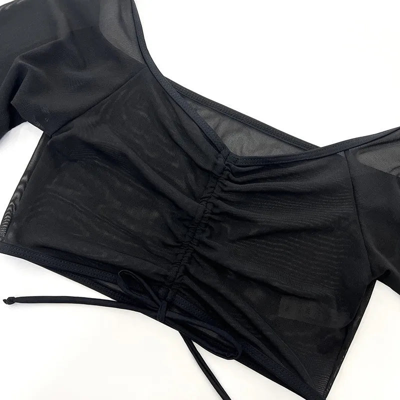 Black mesh bikini four-piece set with long sleeves for women's swimming
