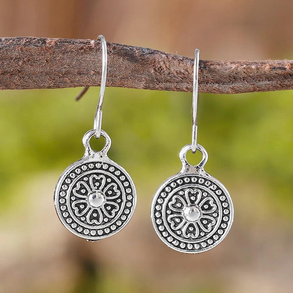Bohemian retro geometric round earrings with distressed ethnic design in zinc alloy with electroplated finish