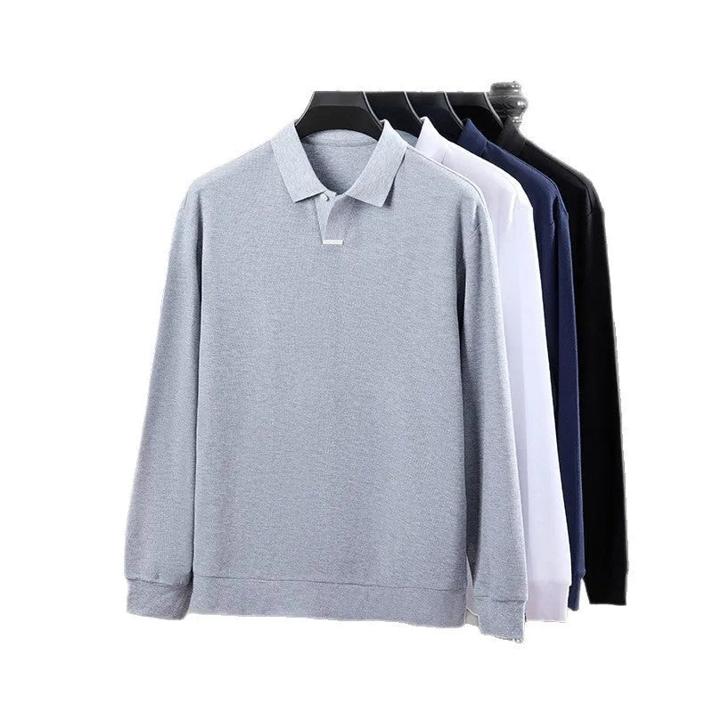 Men's loose-fit cotton polo shirt with lapel collar in grey, shown on a model.