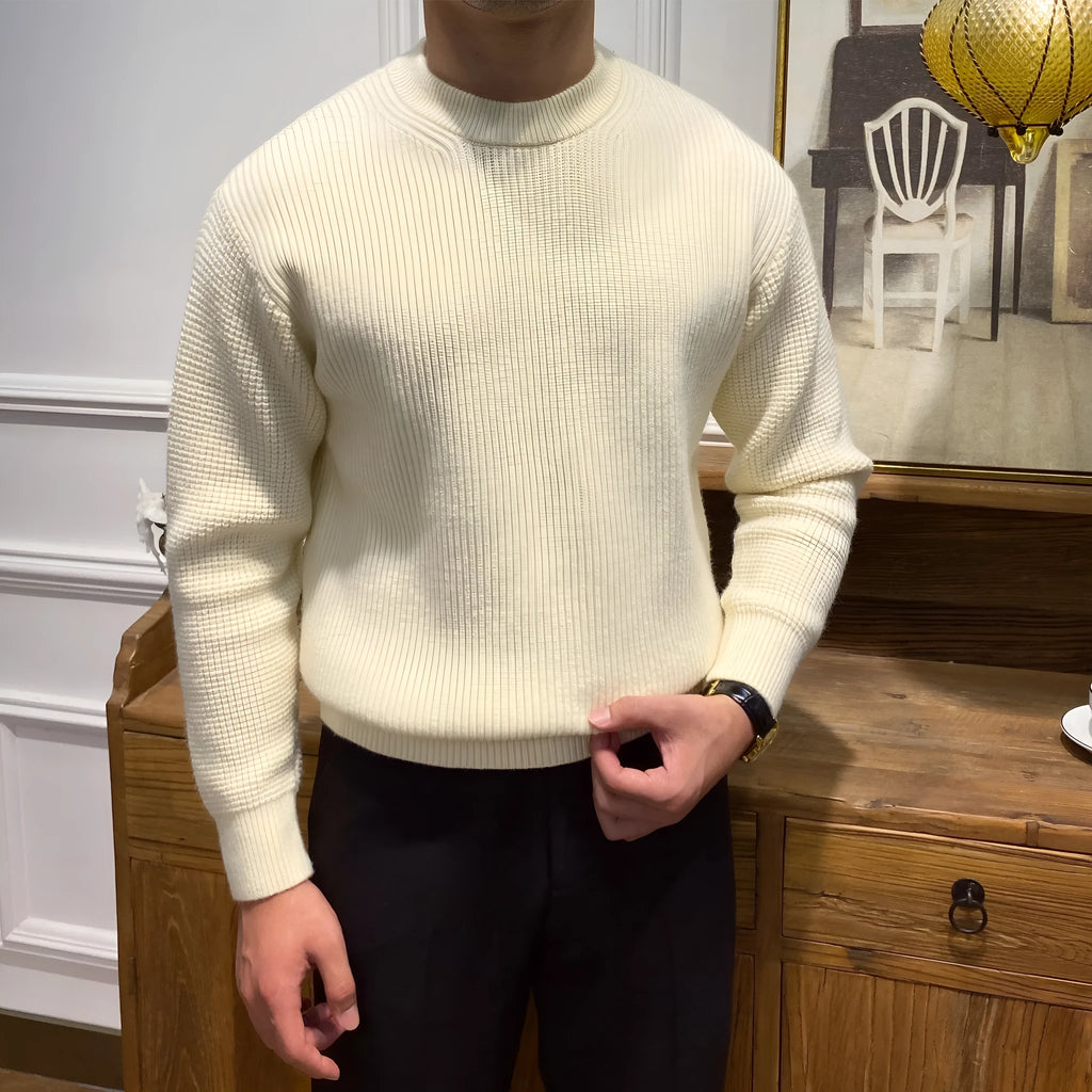 Men's warm knit sweater pullover in apricot, round neck, ribbed hem, acrylic blend, available in sizes M to 3XL