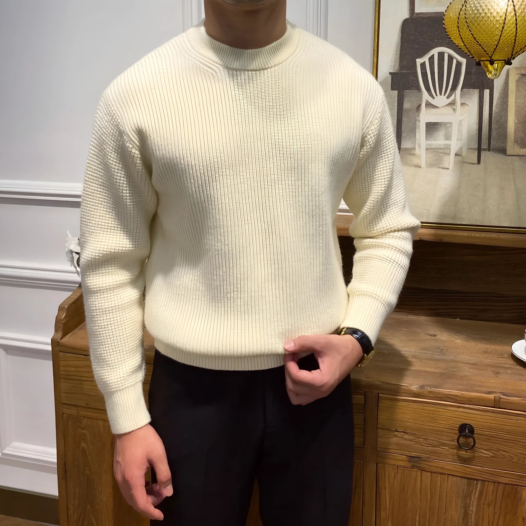 Men's warm knit sweater pullover in apricot, round neck, ribbed hem, acrylic blend, available in sizes M to 3XL