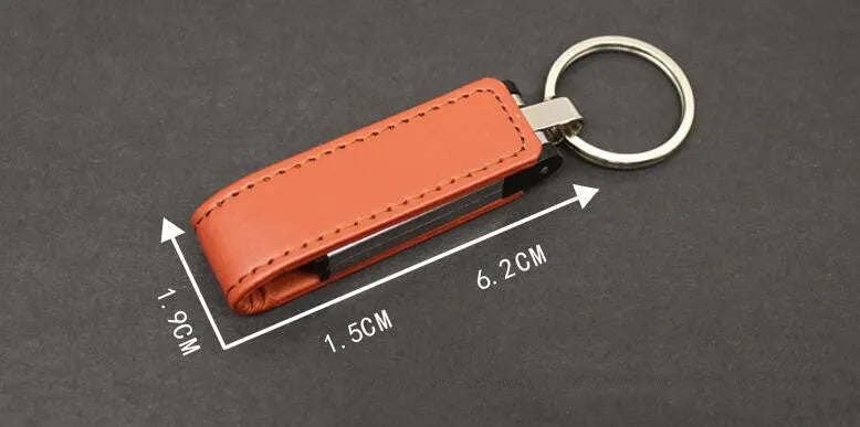 Leather USB flash drive with keychain ring, USB 2.0 interface, available in black, blue, brown, red, white, 16GB or 32GB