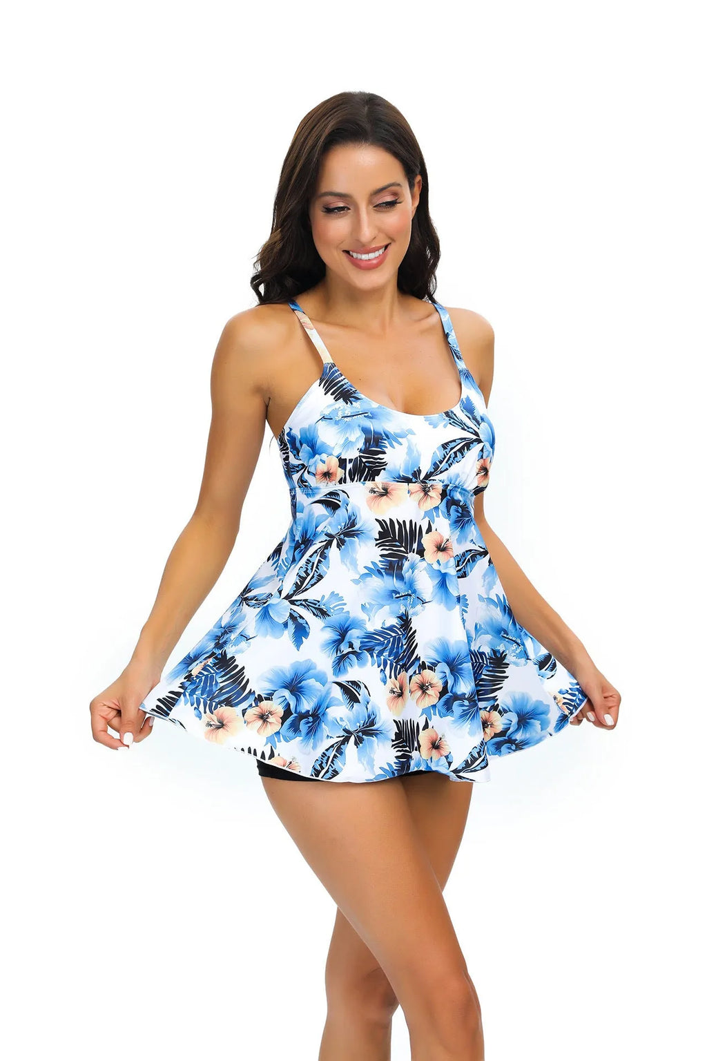 Women's floral print tankini swimsuit with skirt coverage in loose fit design