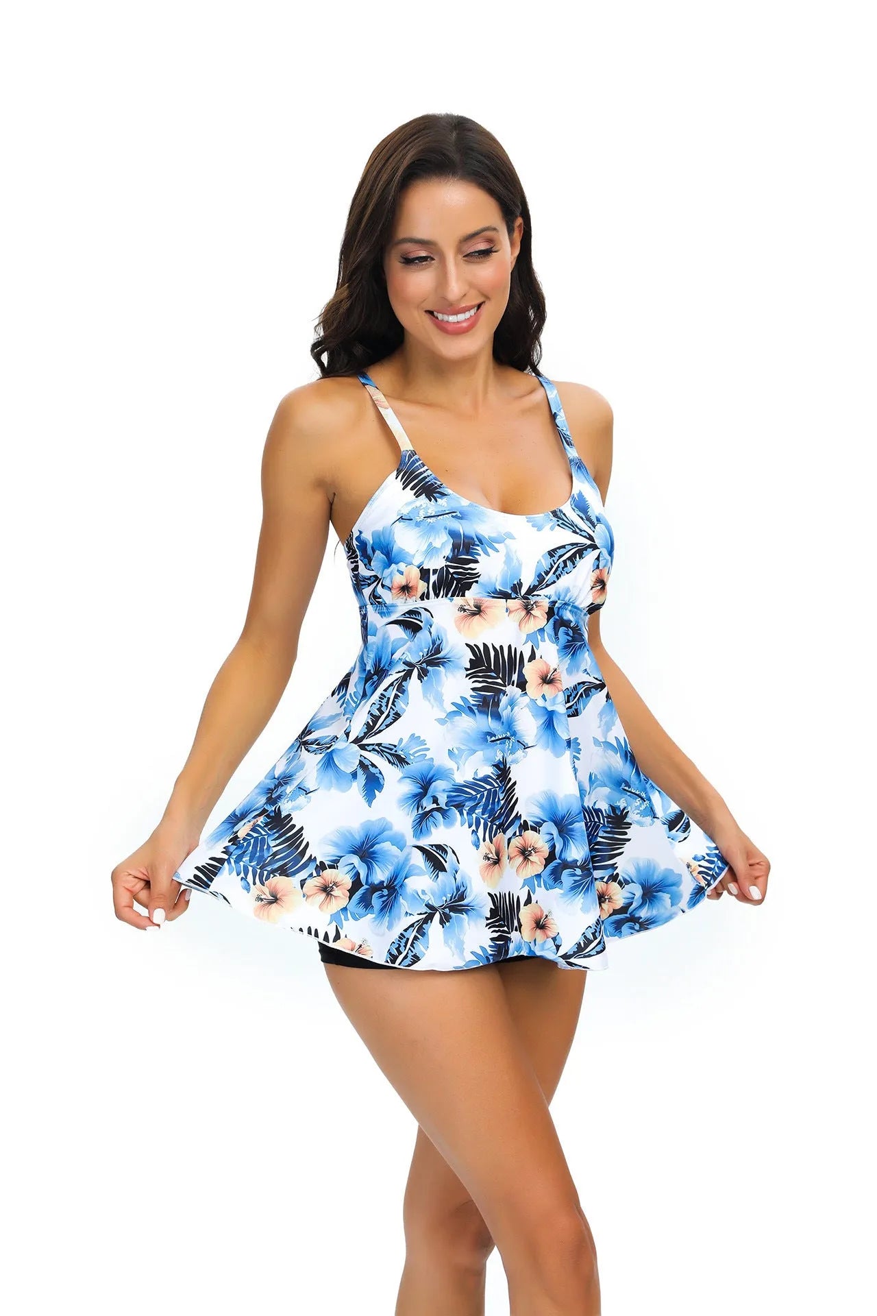 Women's floral print tankini swimsuit with skirt coverage in loose fit design