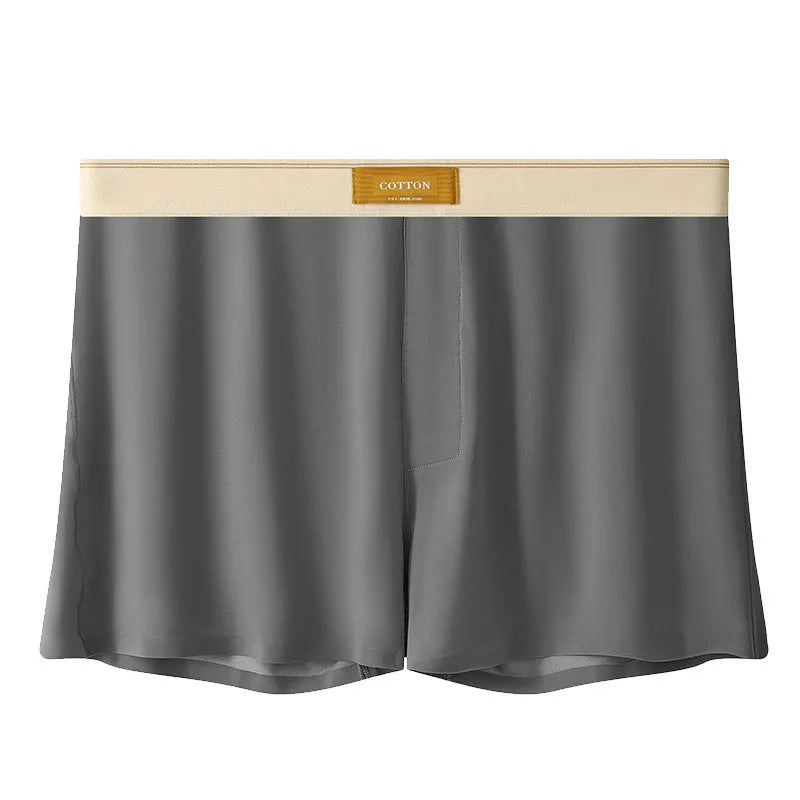 Men's solid colour loose ice silk underwear in a pack of three, shown in beige, black, and grey.