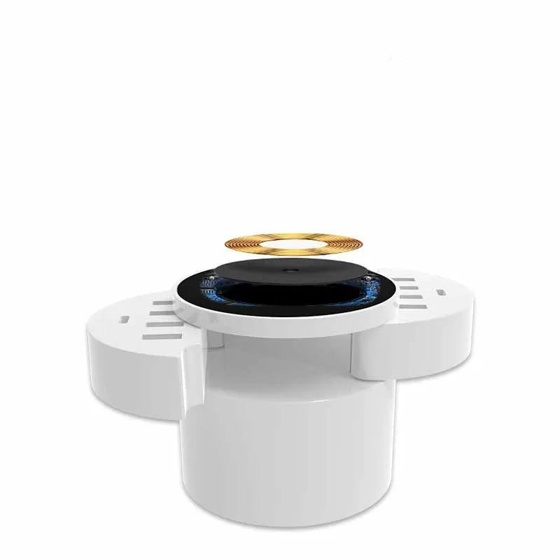 Circular white multi-port wireless charger with USB ports and international plug adapters