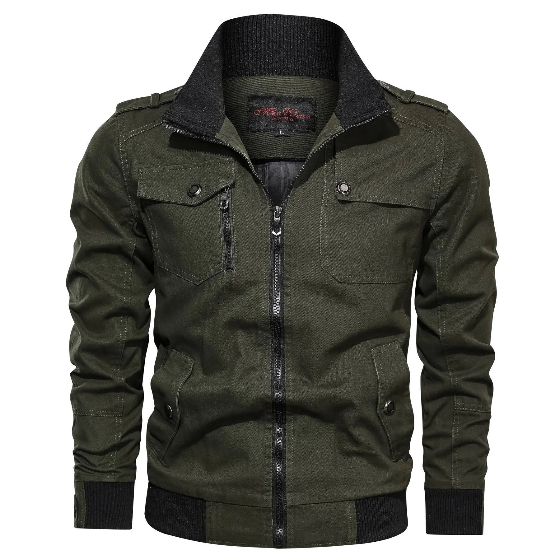 Cotton men's stand collar jacket in solid colour with side pockets available in multiple sizes