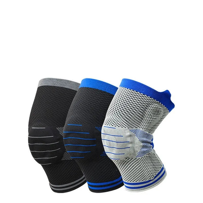 Cotton knee pad with silicone massage spring bar shock absorber in black and gray colour.