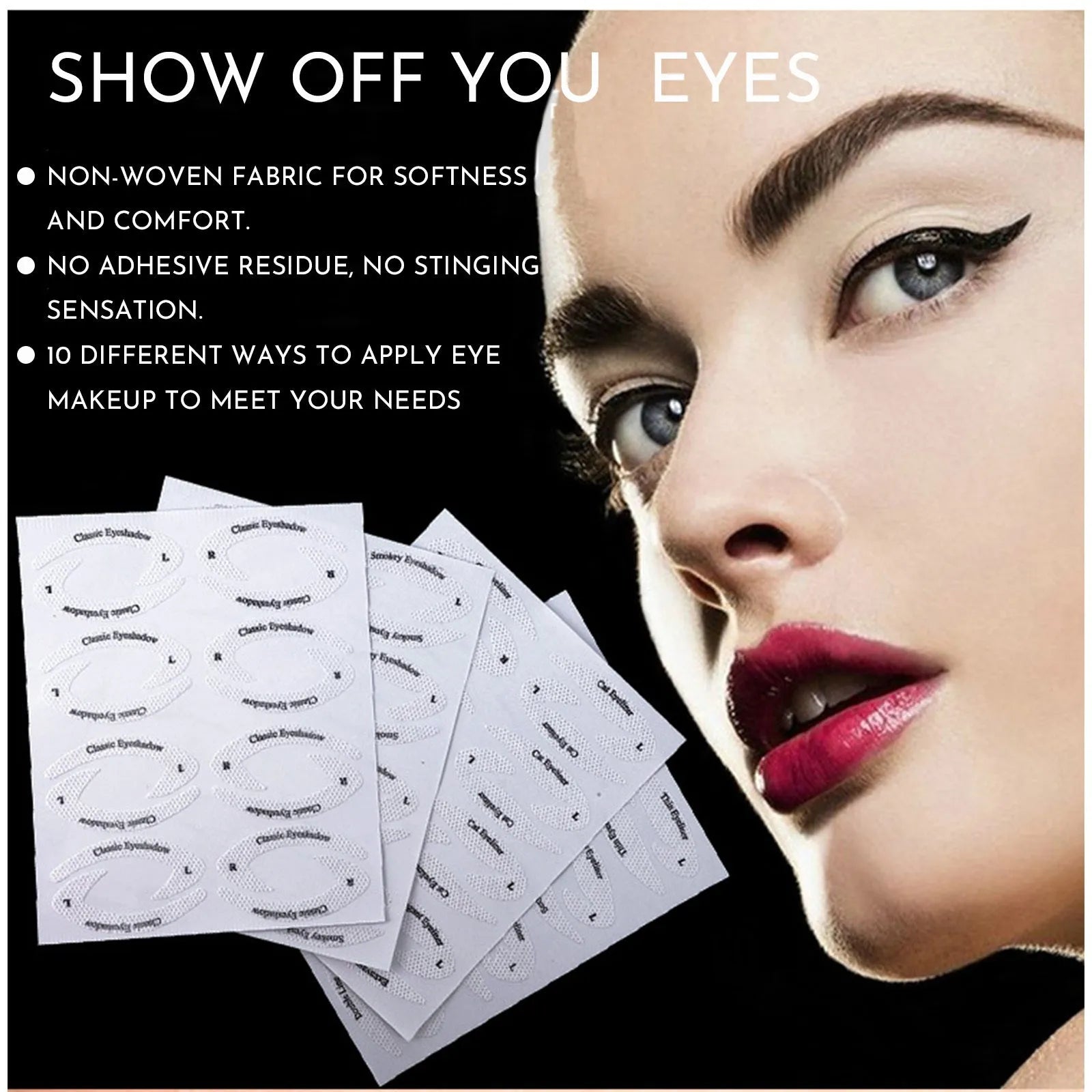 Set of four reusable flexible eyeliner sticker templates for creating winged eyeliner and eyeshadow looks.