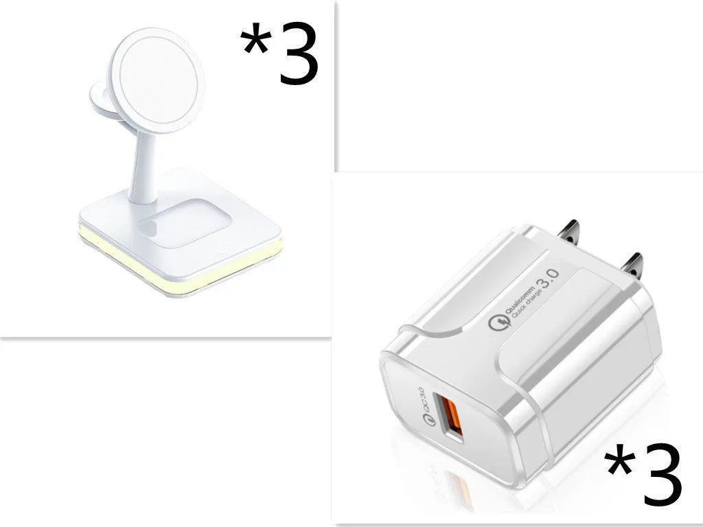 3-in-1 wireless charger magnetic bracket charging smartphone, watch, and earbuds on a desk