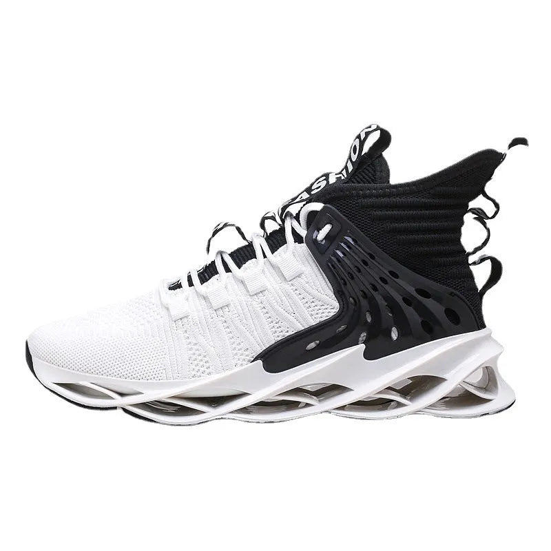 Men's flyknit blade sole mid-top sneakers in white and black colourway