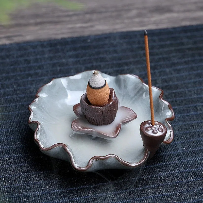 Ceramic reverse flow incense burner with purple clay construction and crystal glaze finish