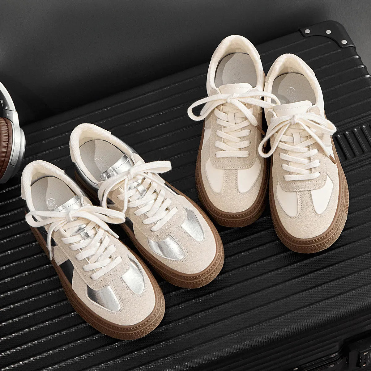 Retro round toe casual sports trainers in milky white with cross straps and lace-up front