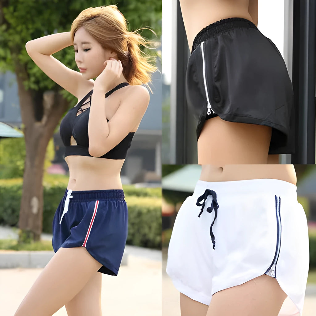 Striped sports yoga shorts in polyester fibre, available in Black, Navy Blue, and White, sizes S to XL