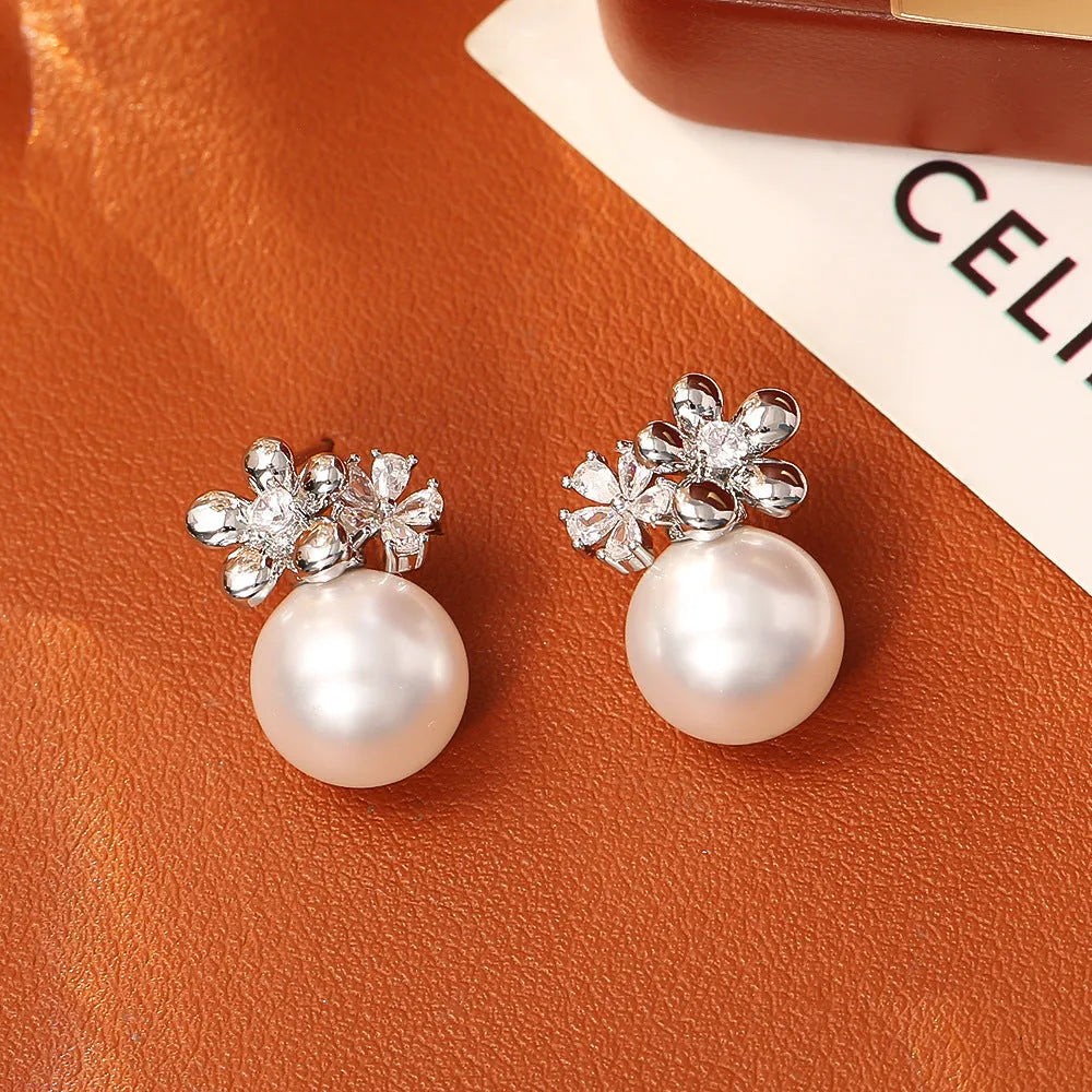 Flower inlaid zirconium pearl stud earrings real gold plated copper, gold and silver colour options
