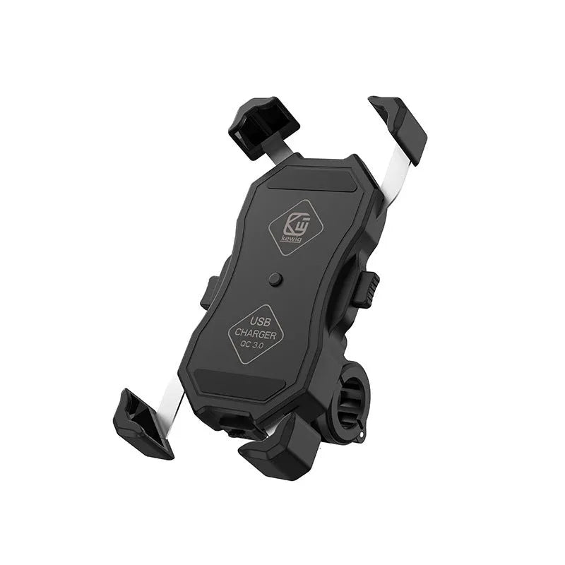 Black anti-fall telescopic bicycle phone bracket mounted on handlebar with four-claw grip