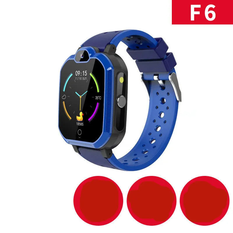 Blue children's smartwatch with a 1.44-inch screen on a silicone wristband for video calls and GPS.
